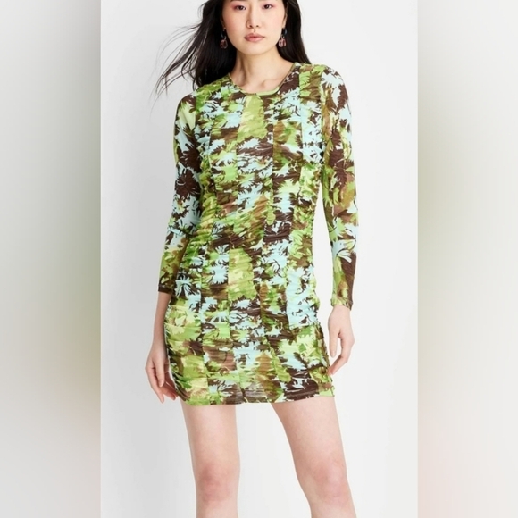Future Collective Dresses & Skirts - Ruched Bodycon Floral Long Sleeve Mini Dress NWT